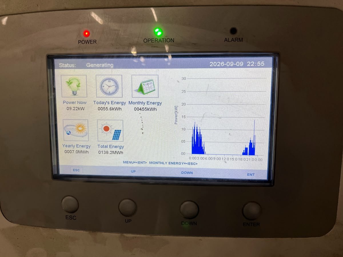 Solar monitoring screen showing Status Generating and live power output